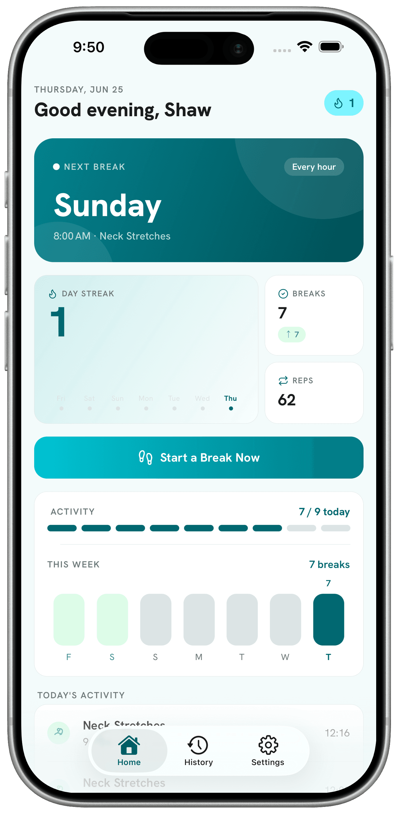 ErgoGuard app showing today's break stats, streak, and activity on an iPhone